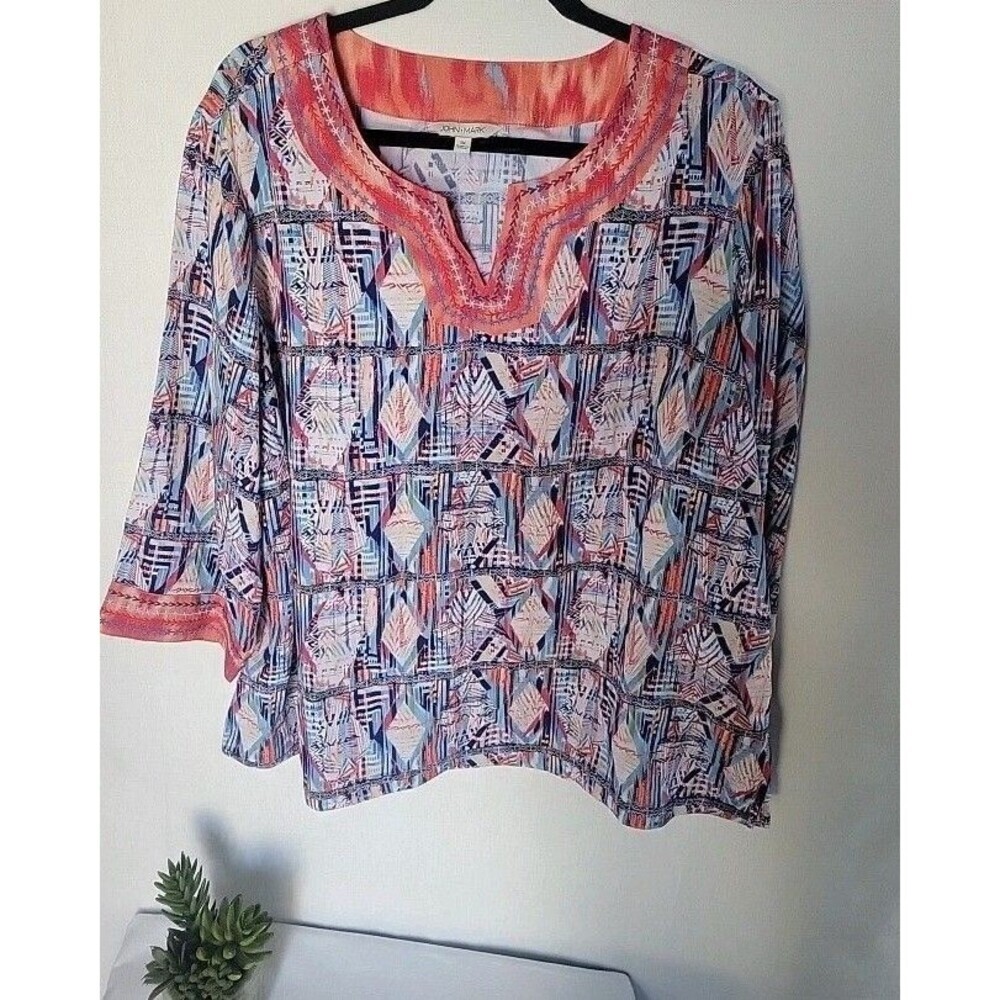John Mark Plus Sz 1X Split Neck Boho Tunic Top Embroidered Abstract Art to Wear